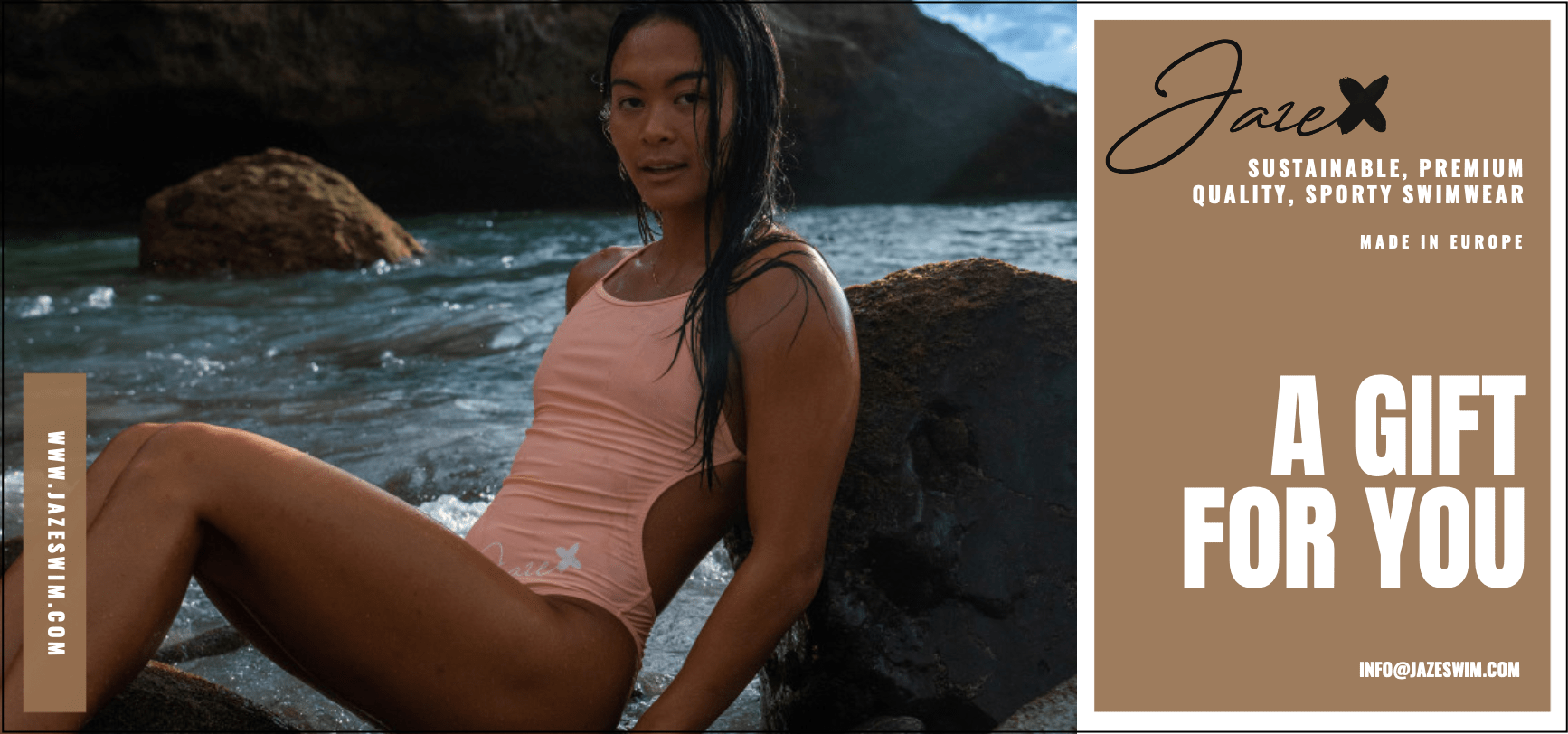 Image of our gift voucher with our Model wearing the SUNRISE - One-Piece Swimsuit.