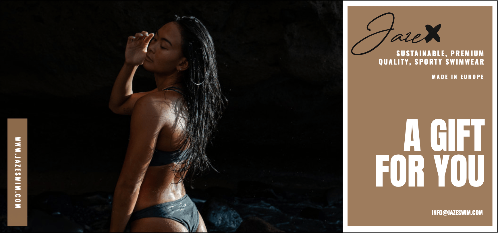 Image of our gift voucher with our Model wearing the midnight bikini bottom.