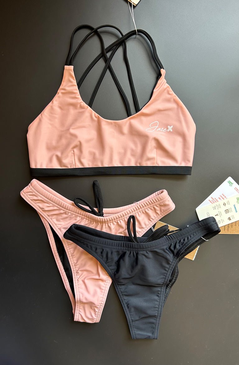Sunshine Bikini Top styled with both Sunrise and Black Bikini Bottoms, displayed on a black background for a versatile swimwear look.