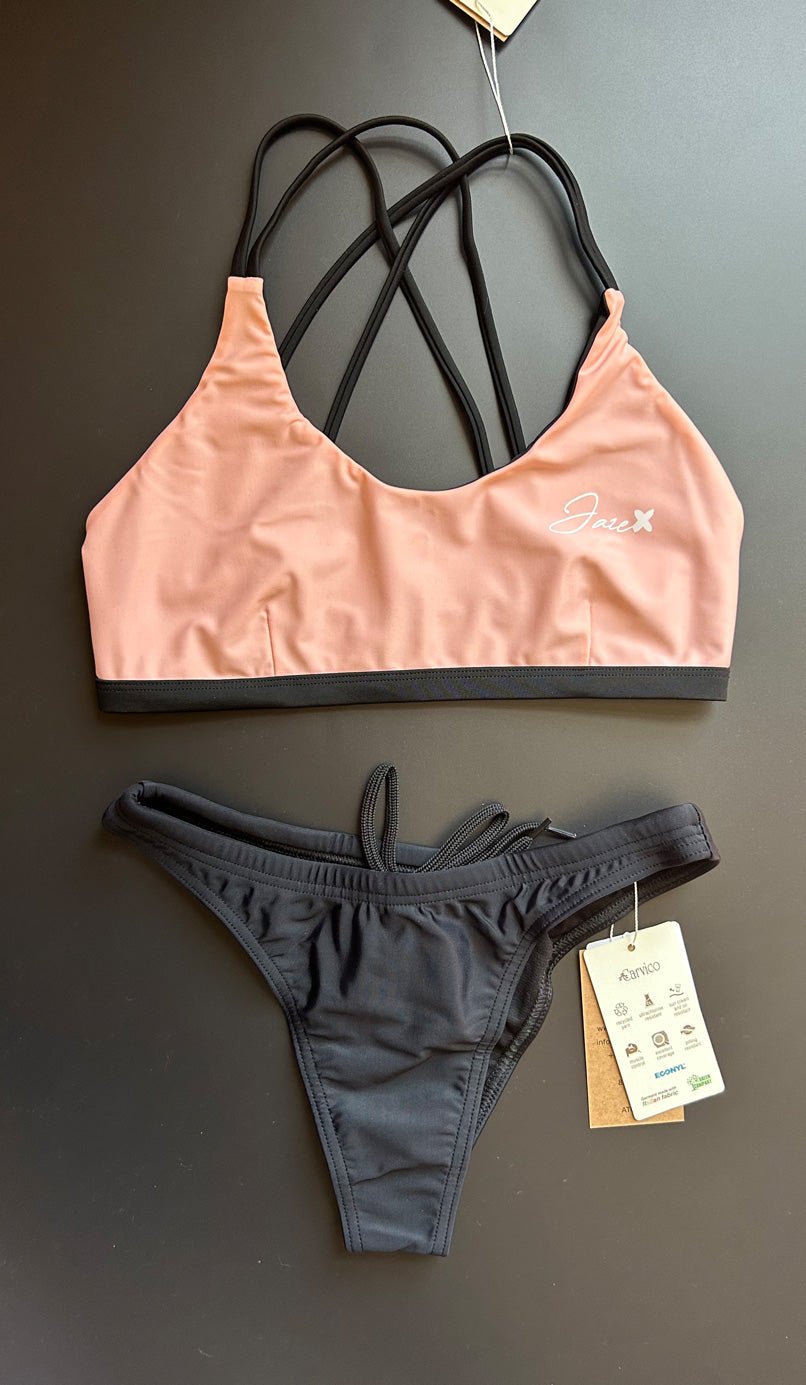 Sunshine Bikini Top paired with a Black Bikini Bottom, displayed on a black background, emphasizing a classic swimwear combination.