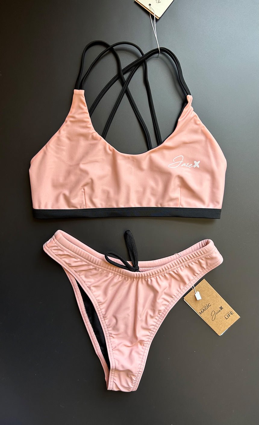 Sunshine Bikini Top paired with the Sunrise Bikini Bottom, displayed on a black background, showcasing a coordinated swimwear set.