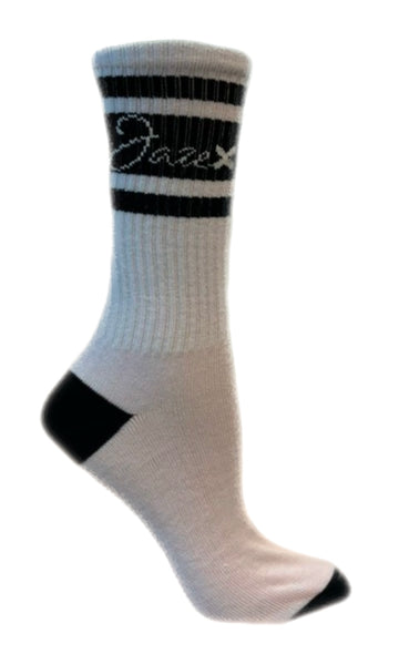 Jaze crew socks in white with black stripes shown from the side.