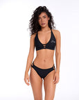 Front view of black Lilly bikini top showing clean neckline and sporty design