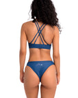 Back view of blue Sea bikini top with cross back straps and secure hold